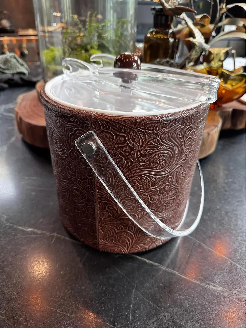 | 1970s MCM Paisley Floral Barware with Clear Lucite Lid & Handle | Made in USA